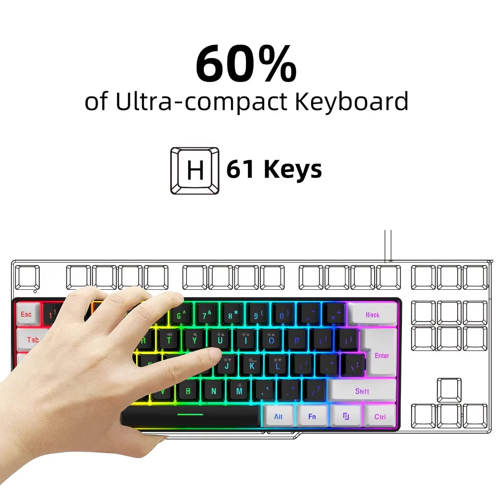 Gaming Keyboard, Quiet Wired Computer Keyboard USB Wired 61-Key Gaming Keypad Ergonomic Streamlined Design Keyboard