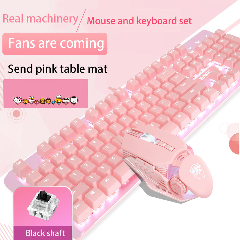 Pink Real Mechanical Keyboard and Mouse Set Girls Cute Gaming Games Dedicated Wired Green Axis Red Axis Girl Heart Luminous Wired Notebook