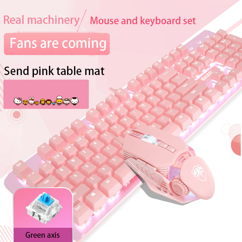 Pink Real Mechanical Keyboard and Mouse Set Girls Cute Gaming Games Dedicated Wired Green Axis Red Axis Girl Heart Luminous Wired Notebook