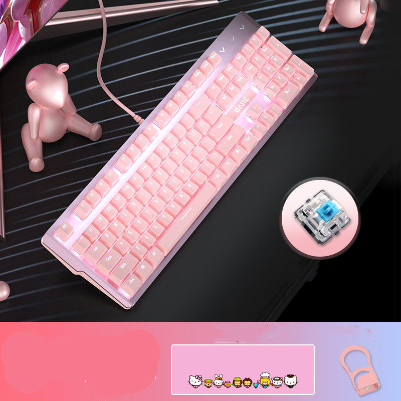 Pink Real Mechanical Keyboard and Mouse Set Girls Cute Gaming Games Dedicated Wired Green Axis Red Axis Girl Heart Luminous Wired Notebook